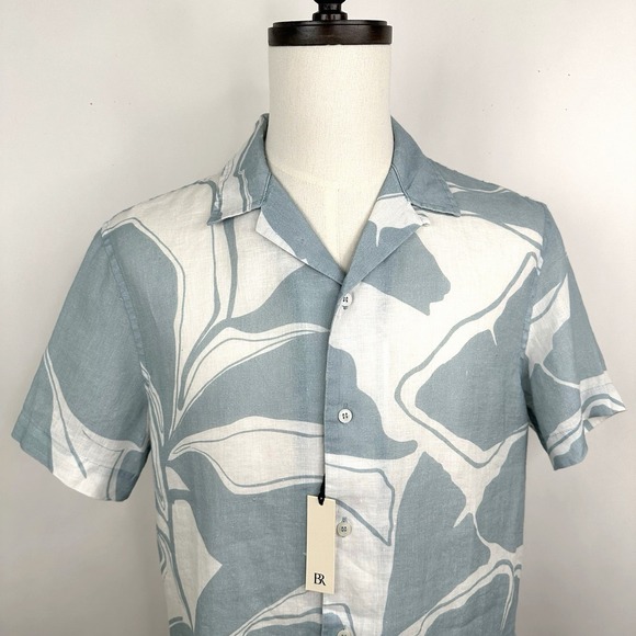 NWT Banana Republic Standard Fit Linen Resort Shirt SMALL Blue Floral Button - Picture 3 of 12